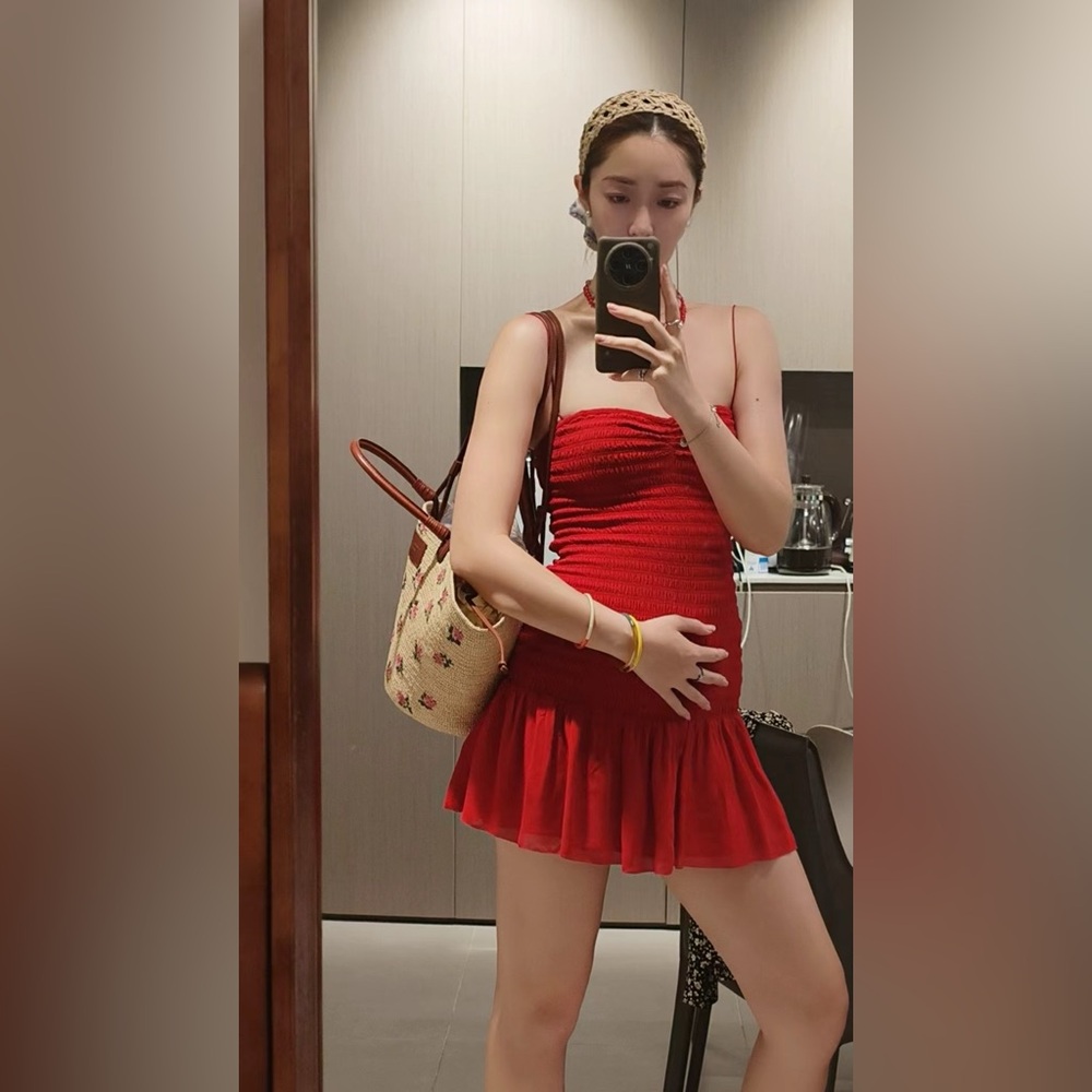 Reformation Red Ruched Mini Dress